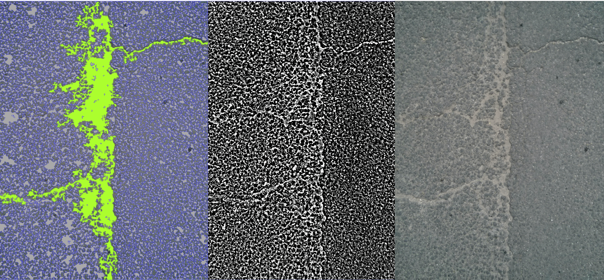 Útburkolat fénykép és az Adaptive Double Threshold Segmentation eredménye. Block size 101, Loose C -1. Strict C -10.